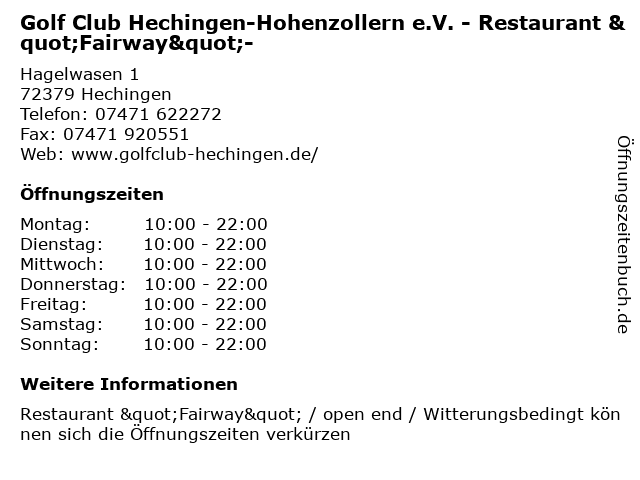 Golf Club Hechingen-Hohenzollern e.V. - Restaurant "Fairway"- in Hechingen: Adresse und Öffnungszeiten