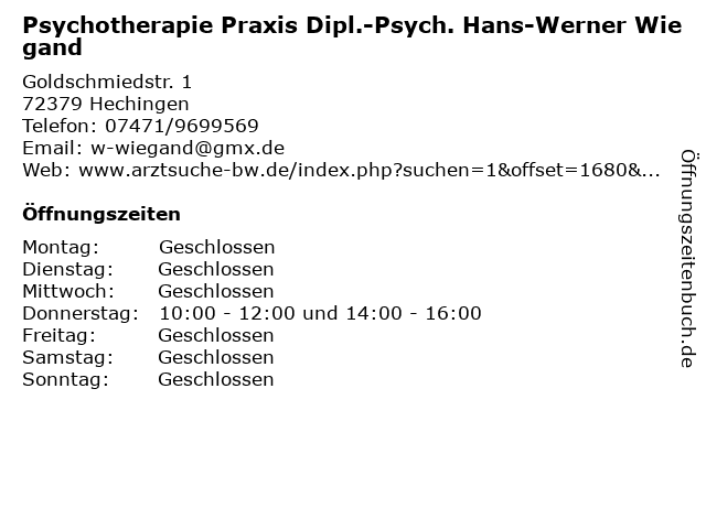 Psychotherapie Praxis Dipl.-Psych. Hans-Werner Wiegand in Hechingen: Adresse und Öffnungszeiten