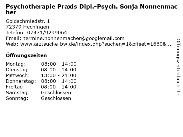 Psychotherapie Praxis Dipl.-Psych. Sonja Nonnenmacher in Hechingen: Adresse und Öffnungszeiten