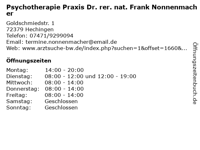 Psychotherapie Praxis Dr. rer. nat. Frank Nonnenmacher in Hechingen: Adresse und Öffnungszeiten