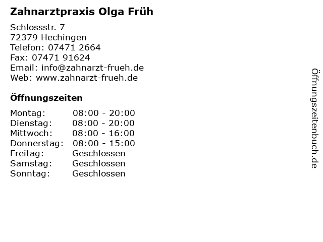 Zahnarztpraxis Olga Früh in Hechingen: Adresse und Öffnungszeiten
