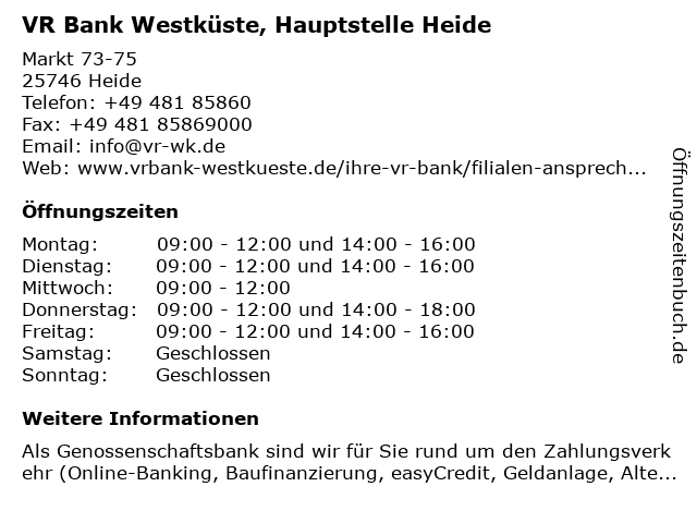 ᐅ Offnungszeiten Vr Bank Westkuste Eg Hauptstelle Heide Markt