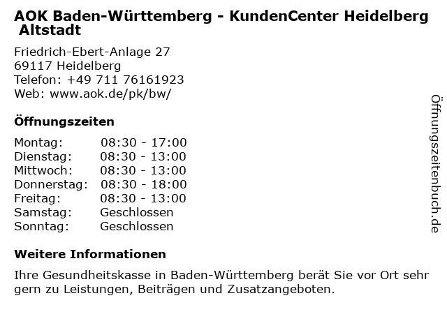 AOK Baden-Württemberg - KundenCenter Heidelberg Altstadt in Heidelberg: Adresse und Öffnungszeiten