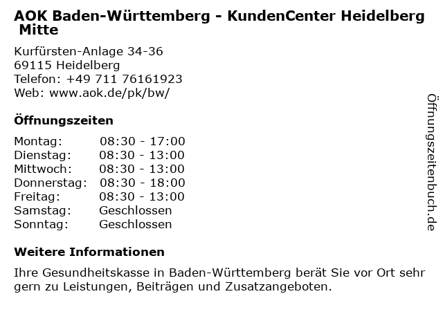 AOK Baden-Württemberg - KundenCenter Heidelberg Mitte in Heidelberg: Adresse und Öffnungszeiten