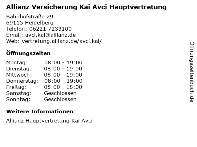 Allianz Versicherung Kai Avci Hauptvertretung in Heidelberg: Adresse und Öffnungszeiten