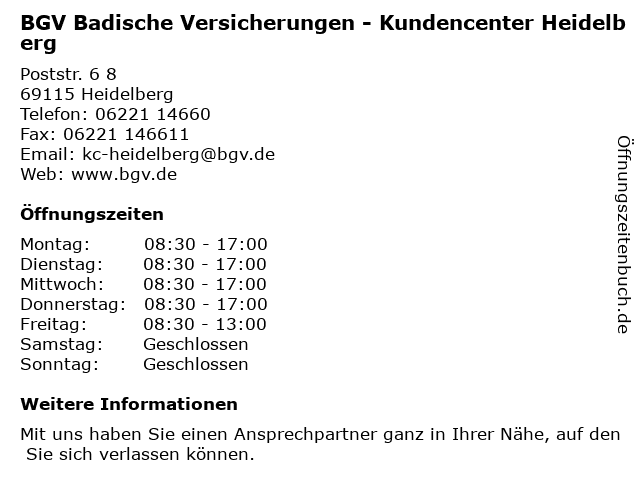 BGV Badische Versicherungen - Kundencenter Heidelberg in Heidelberg: Adresse und Öffnungszeiten