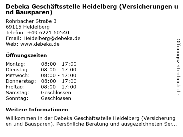Debeka Geschäftsstelle Heidelberg (Versicherungen und Bausparen) in Heidelberg: Adresse und Öffnungszeiten
