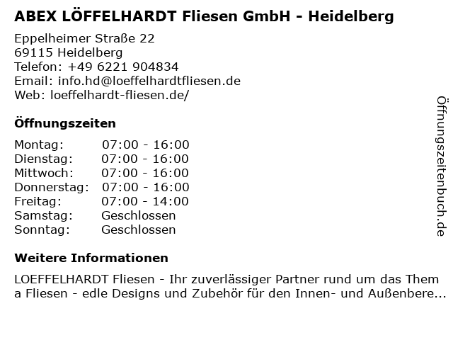 LÖFFELHARDT Fliesen GmbH - Abhol-Express Heidelberg in Heidelberg: Adresse und Öffnungszeiten