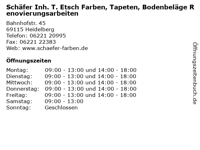 Schäfer Inh. T. Etsch Farben, Tapeten, Bodenbeläge Renovierungsarbeiten in Heidelberg: Adresse und Öffnungszeiten
