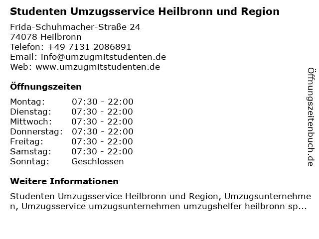 Studenten Umzugsservice Heilbronn und Region in Heilbronn: Adresse und Öffnungszeiten