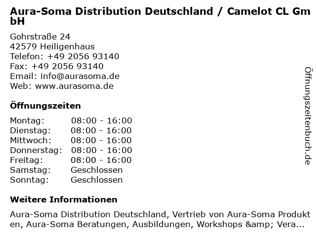 Aura-Soma Distribution Deutschland / Camelot CL GmbH in Heiligenhaus: Adresse und Öffnungszeiten