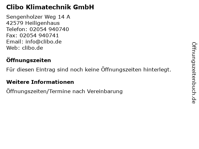 Clibo Klimatechnik GmbH in Heiligenhaus: Adresse und Öffnungszeiten