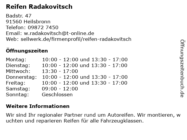 Reifen Radakovitsch in Heilsbronn: Adresse und Öffnungszeiten