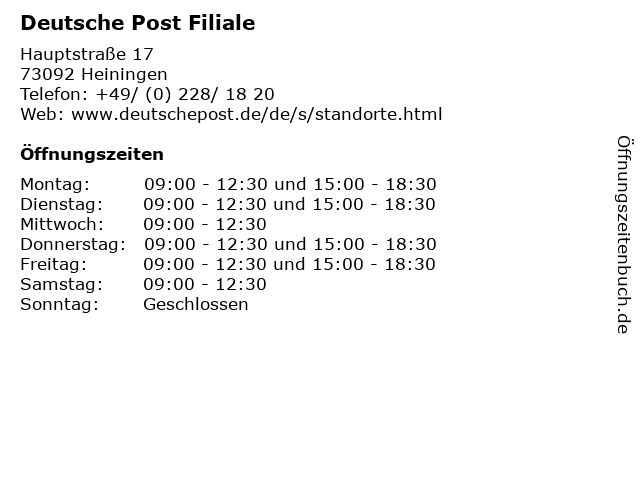Deutsche Post Filiale in Heiningen: Adresse und Öffnungszeiten