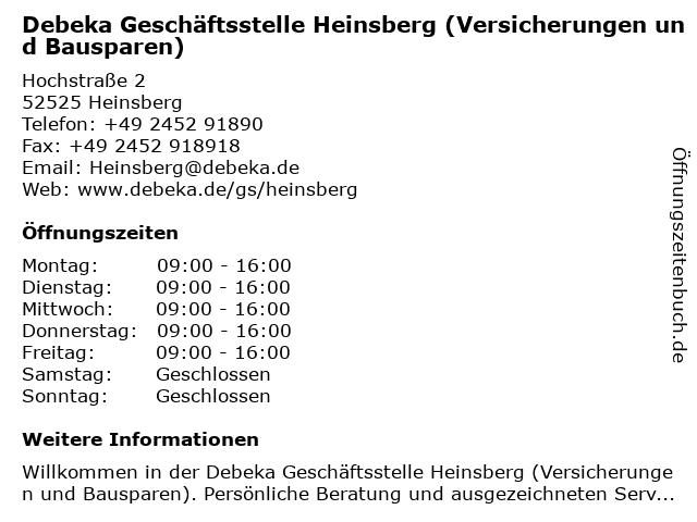 ᐅ Offnungszeiten Debeka Geschaftsstelle Heinsberg Hochstrasse 2 In Heinsberg
