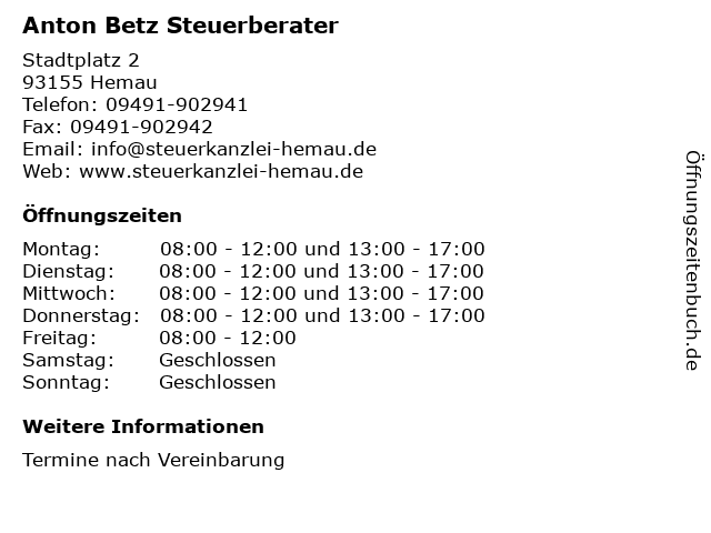 Anton Betz Steuerberater in Hemau: Adresse und Öffnungszeiten