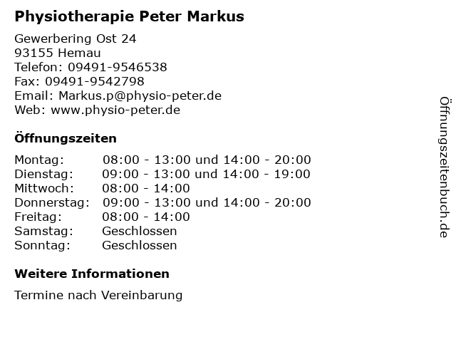 Physiotherapie Peter Markus in Hemau: Adresse und Öffnungszeiten