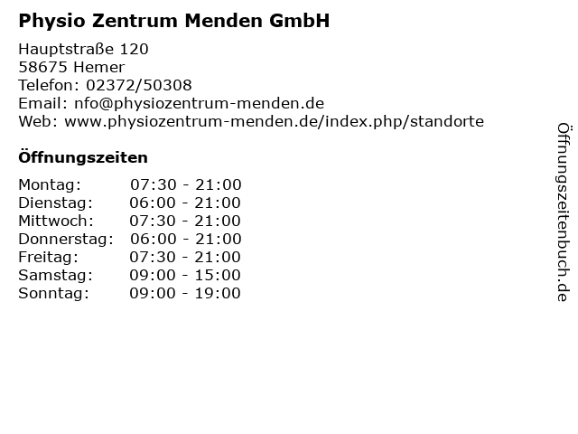 Physio Zentrum Menden GmbH in Hemer: Adresse und Öffnungszeiten