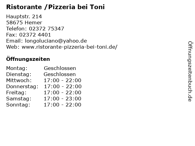 Ristorante /Pizzeria bei Toni in Hemer: Adresse und Öffnungszeiten