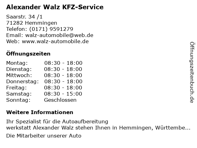 Alexander Walz KFZ-Service in Hemmingen: Adresse und Öffnungszeiten