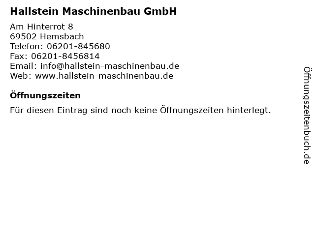 Hallstein Maschinenbau GmbH in Hemsbach: Adresse und Öffnungszeiten