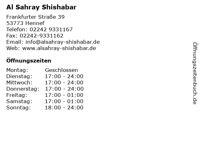 Al Sahray Shishabar in Hennef: Adresse und Öffnungszeiten