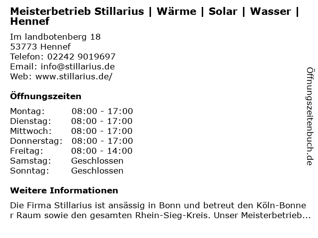 Meisterbetrieb Stillarius | Wärme | Solar | Wasser | Hennef in Hennef: Adresse und Öffnungszeiten