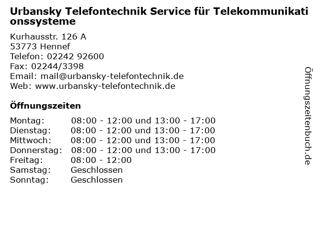 Urbansky Telefontechnik Service für Telekommunikationssysteme in Hennef: Adresse und Öffnungszeiten