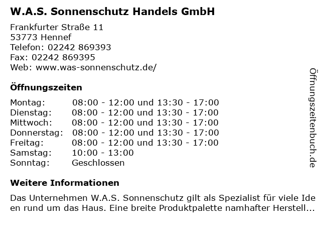 W.A.S. Sonnenschutz Handels GmbH in Hennef: Adresse und Öffnungszeiten