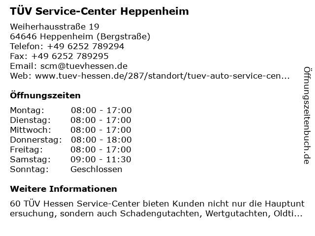 TÜV Service-Center Heppenheim in Heppenheim (Bergstraße): Adresse und Öffnungszeiten