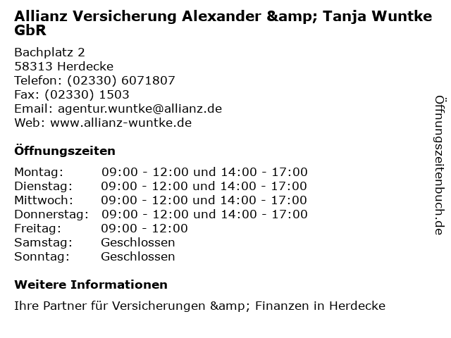 Allianz Versicherung Alexander & Tanja Wuntke GbR in Herdecke: Adresse und Öffnungszeiten