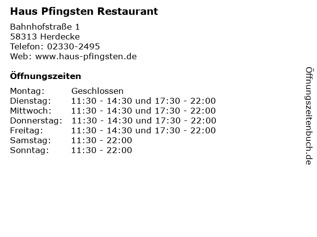 Haus Pfingsten Restaurant in Herdecke: Adresse und Öffnungszeiten