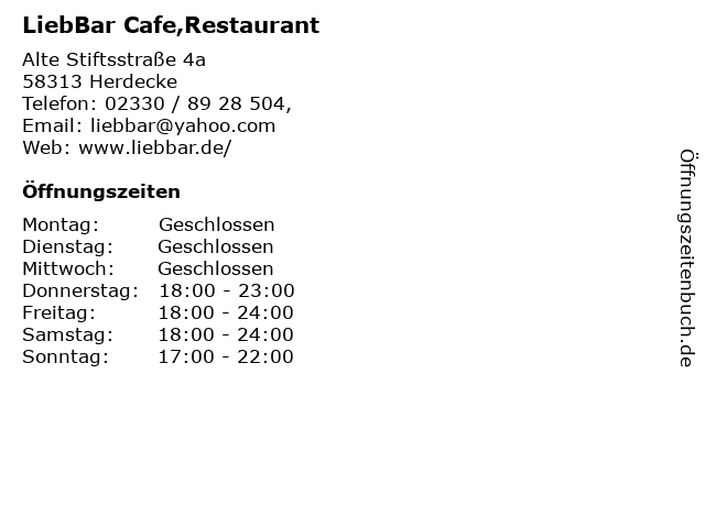 LiebBar Cafe,Restaurant in Herdecke: Adresse und Öffnungszeiten