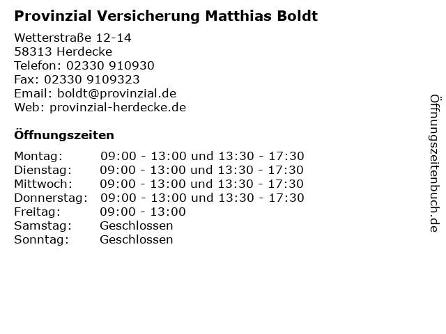 Provinzial Versicherung Matthias Boldt in Herdecke: Adresse und Öffnungszeiten