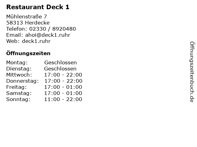 Restaurant Deck 1 in Herdecke: Adresse und Öffnungszeiten
