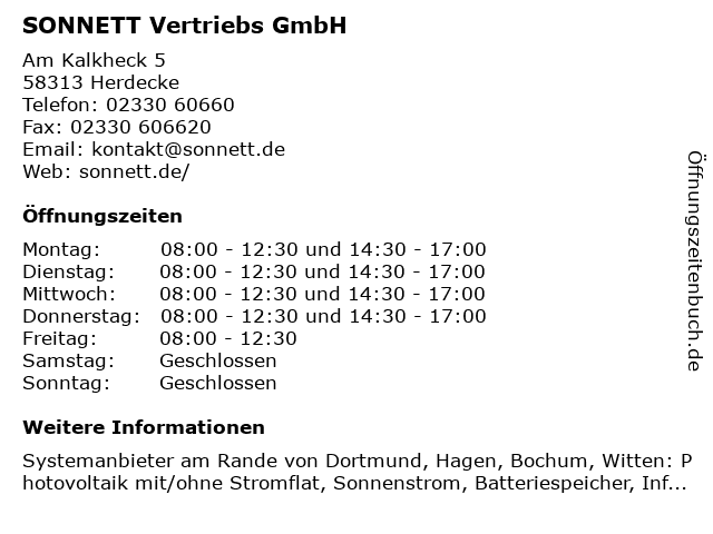 SONNETT Vertriebs GmbH in Herdecke: Adresse und Öffnungszeiten