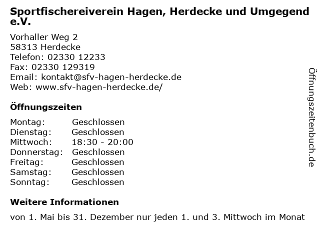 Sportfischereiverein Hagen, Herdecke und Umgegend e.V. in Herdecke: Adresse und Öffnungszeiten