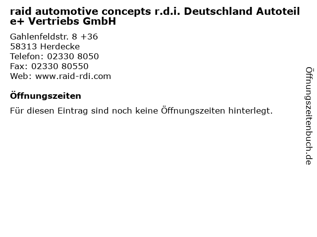 raid automotive concepts r.d.i. Deutschland Autoteile+ Vertriebs GmbH in Herdecke: Adresse und Öffnungszeiten
