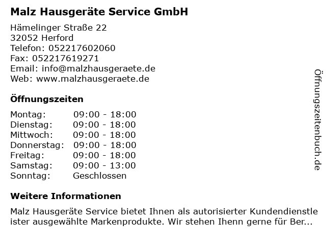 Malz Hausgeräte Service GmbH in Herford: Adresse und Öffnungszeiten
