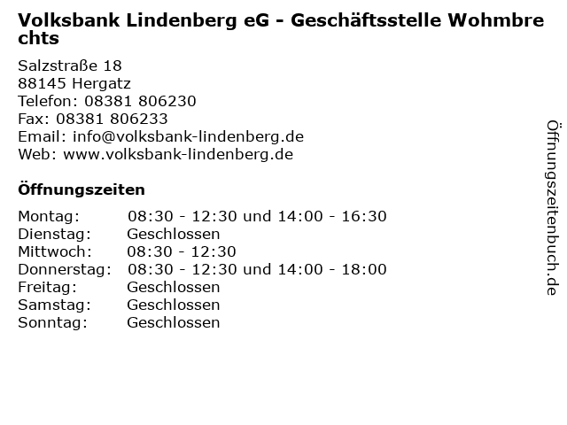 Volksbank Lindenberg eG - Geschäftsstelle Wohmbrechts in Hergatz: Adresse und Öffnungszeiten