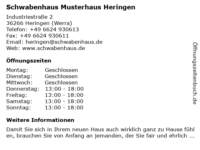 Schwabenhaus Musterhaus Heringen in Heringen (Werra): Adresse und Öffnungszeiten