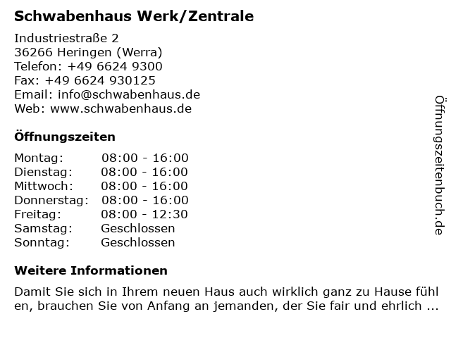 Schwabenhaus Werk/Zentrale in Heringen (Werra): Adresse und Öffnungszeiten
