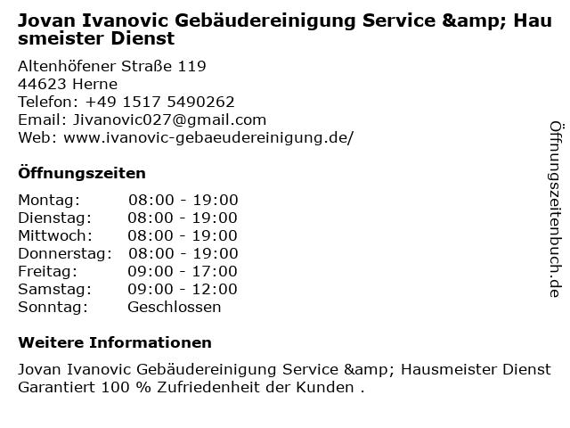 Jovan Ivanovic Gebäudereinigung Service & Hausmeister Dienst in Herne: Adresse und Öffnungszeiten