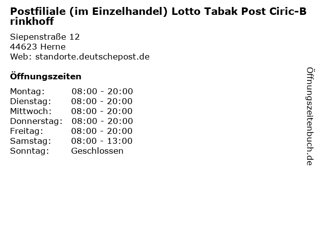Postfiliale (im Einzelhandel) Lotto Tabak Post Ciric-Brinkhoff in Herne: Adresse und Öffnungszeiten