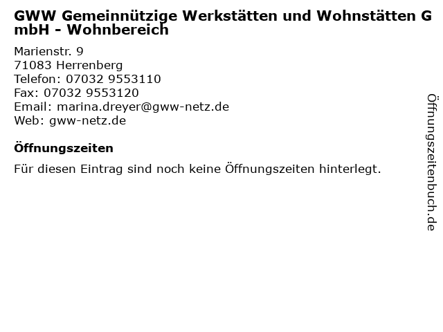 GWW Gemeinnützige Werkstätten und Wohnstätten GmbH - Wohnbereich in Herrenberg: Adresse und Öffnungszeiten