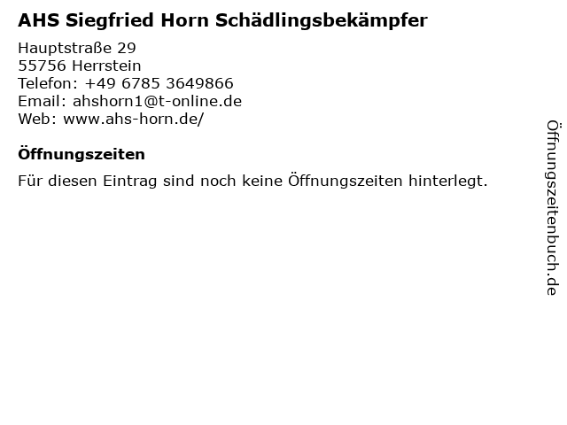 AHS Siegfried Horn Schädlingsbekämpfer in Herrstein: Adresse und Öffnungszeiten