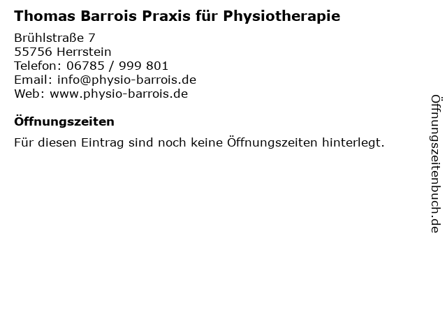 Thomas Barrois Praxis für Physiotherapie in Herrstein: Adresse und Öffnungszeiten