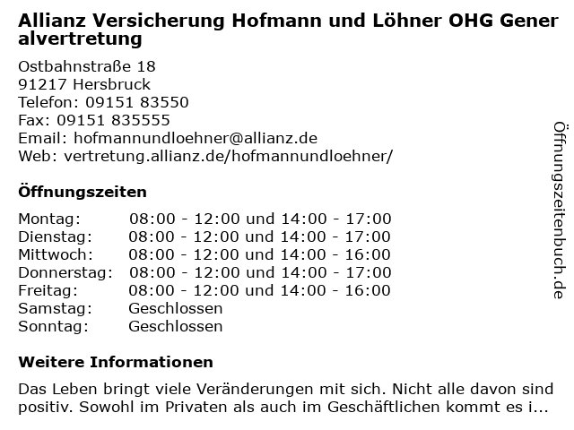 Allianz Versicherung Hofmann und Löhner OHG Generalvertretung in Hersbruck: Adresse und Öffnungszeiten