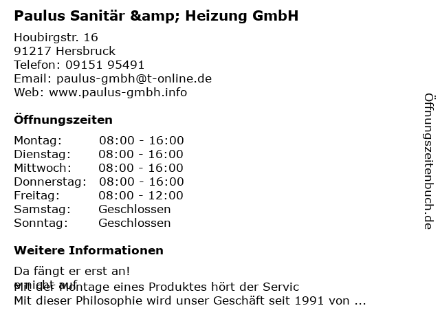 Paulus Sanitär & Heizung GmbH in Hersbruck: Adresse und Öffnungszeiten