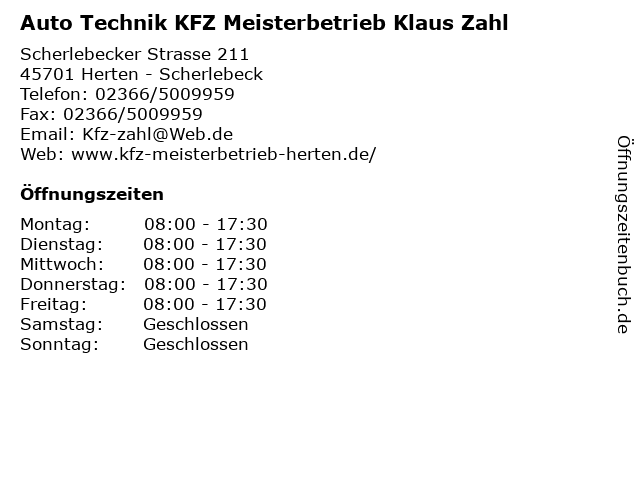 Auto Technik KFZ Meisterbetrieb Klaus Zahl in Herten - Scherlebeck: Adresse und Öffnungszeiten
